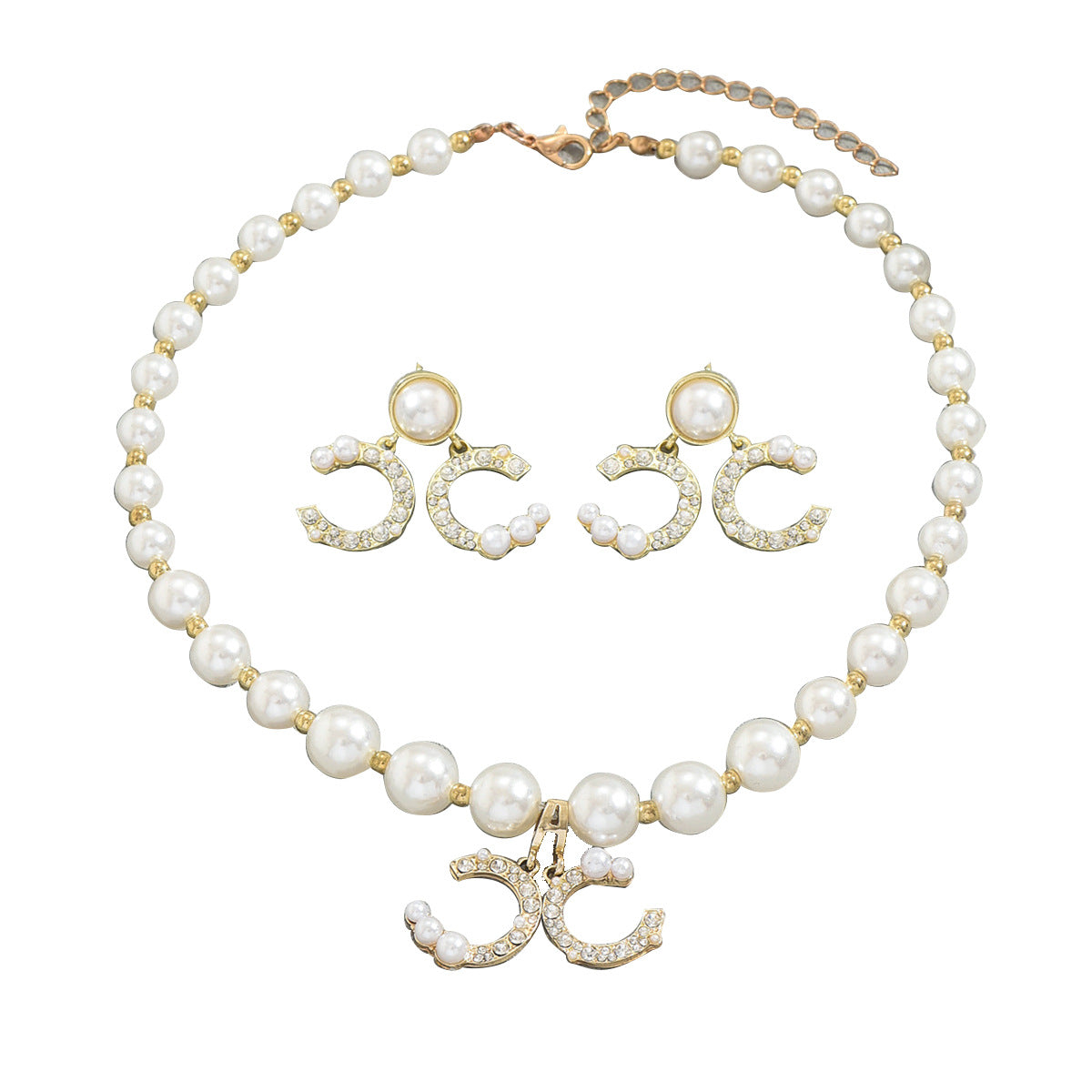 Geometric Crystal Necklace & Pearl Chain Earrings Set