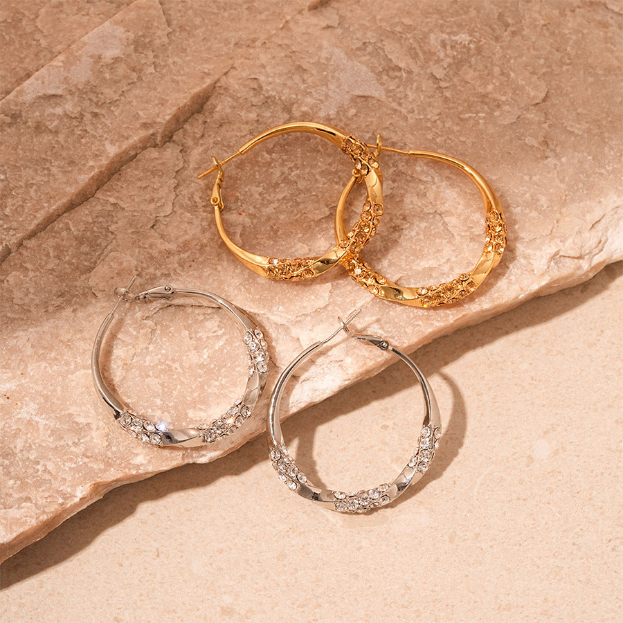 European and American metal feeling diamond-set geometric circle silver needle earrings fashionable and simple niche temperament high-end earrings women