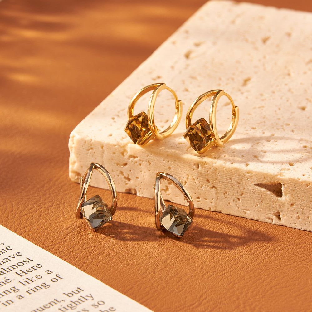 Brown crystal earrings girls niche geometric unique design k gold fashion temperament cube earrings earrings