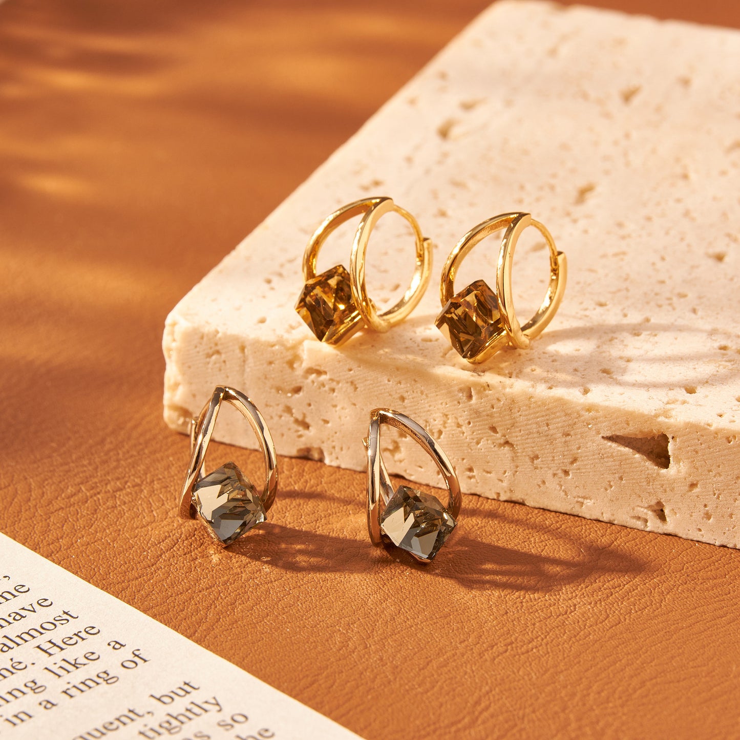Brown crystal earrings girls niche geometric unique design k gold fashion temperament cube earrings earrings