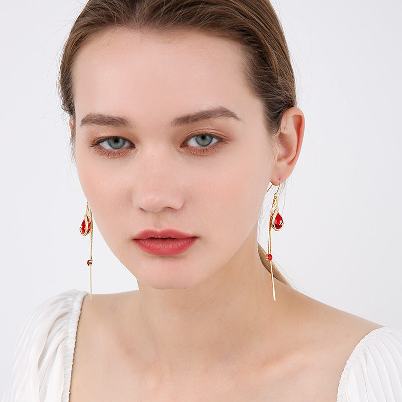 Long synthetic crystal earrings, peacock-inspired, stylish earrings for women, 925 silver ear hooks, tassel, sexy, trendy earrings