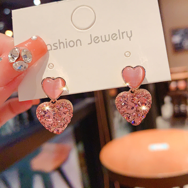new Internet celebrity explosion pink diamond love stud earrings women's silver needle high-end fashion earrings tide