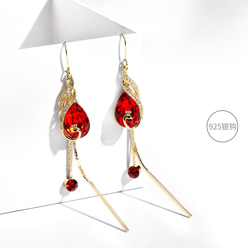 Long synthetic crystal earrings, peacock-inspired, stylish earrings for women, 925 silver ear hooks, tassel, sexy, trendy earrings