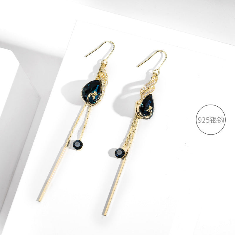 Long synthetic crystal earrings, peacock-inspired, stylish earrings for women, 925 silver ear hooks, tassel, sexy, trendy earrings
