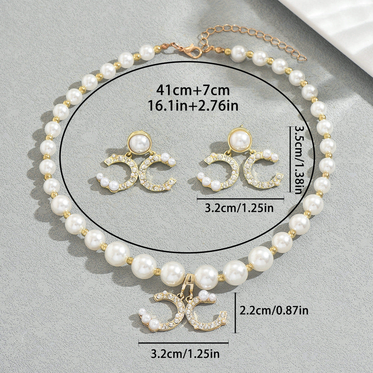 Geometric Crystal Necklace & Pearl Chain Earrings Set