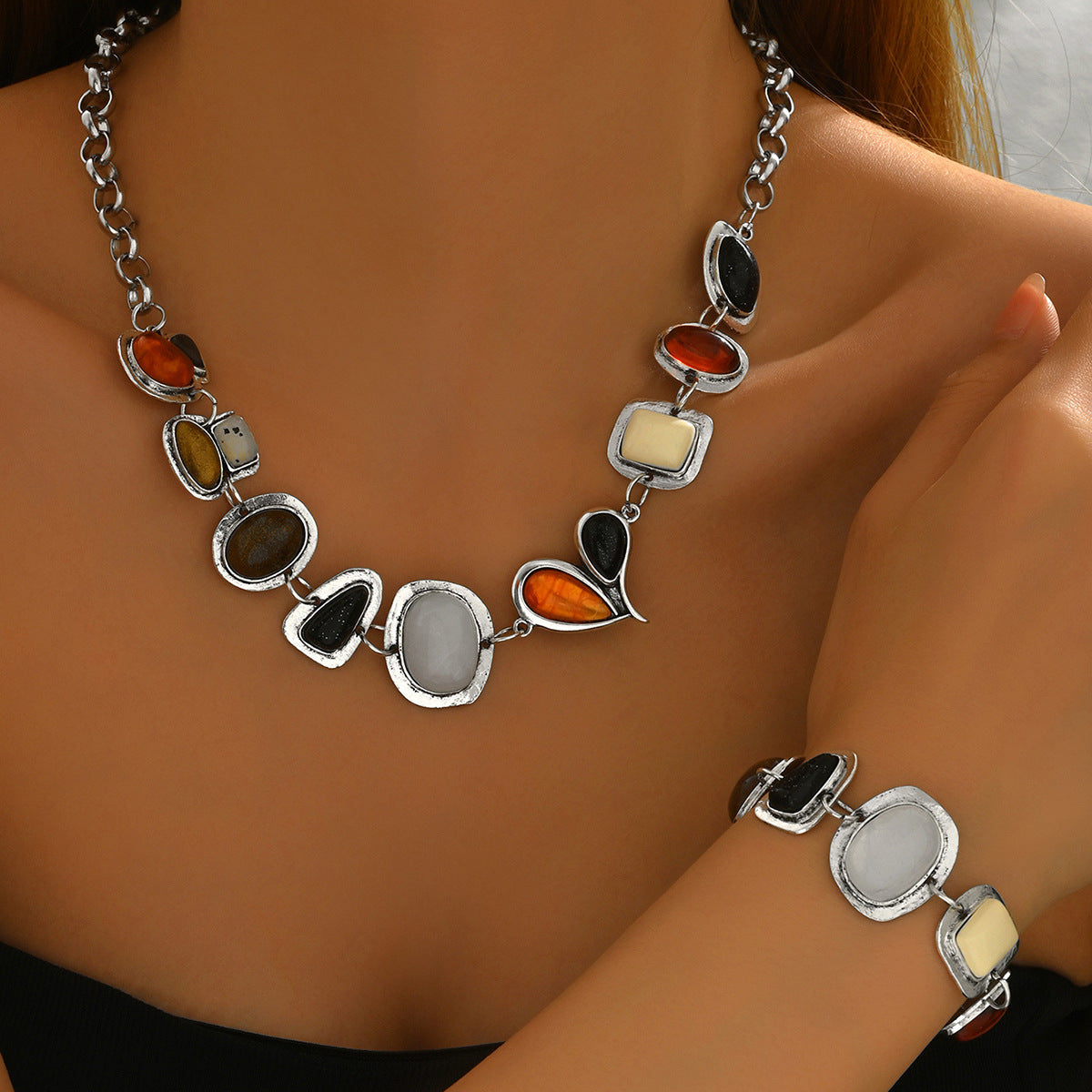 Gemstone Geometric Necklace & Bracelet Set