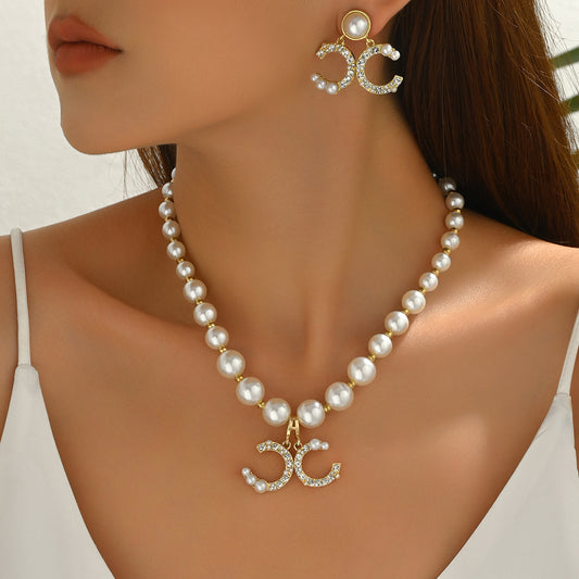 Geometric Crystal Necklace & Pearl Chain Earrings Set