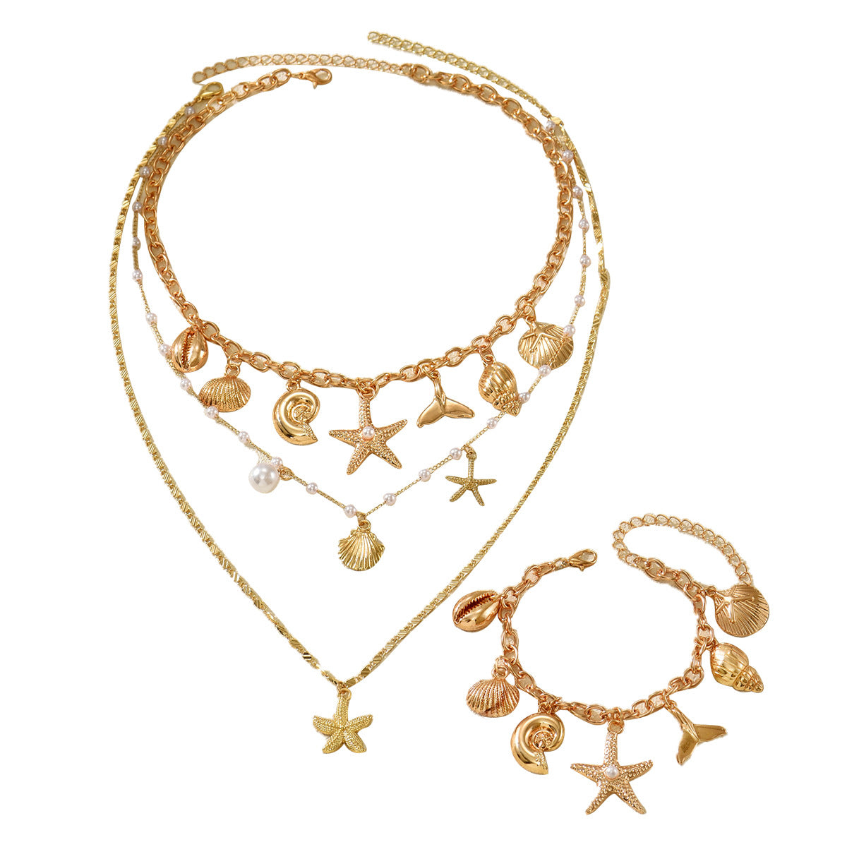 Shell Pearl Necklace & Bracelet Set
