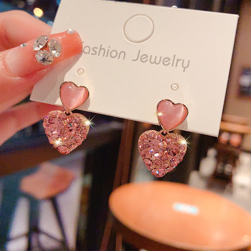 new Internet celebrity explosion pink diamond love stud earrings women's silver needle high-end fashion earrings tide