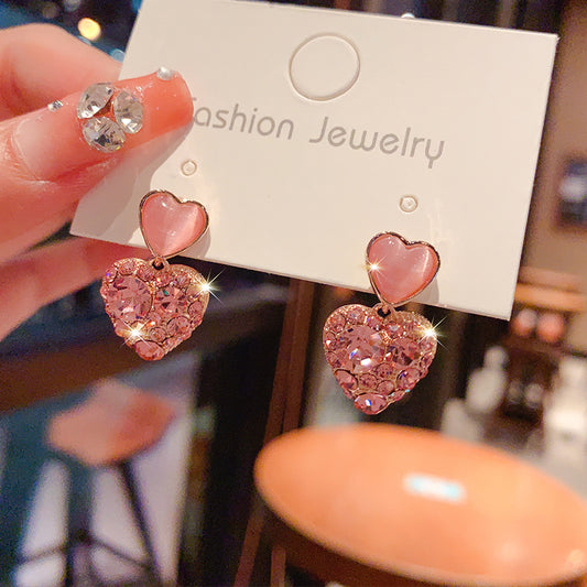 new Internet celebrity explosion pink diamond love stud earrings women's silver needle high-end fashion earrings tide