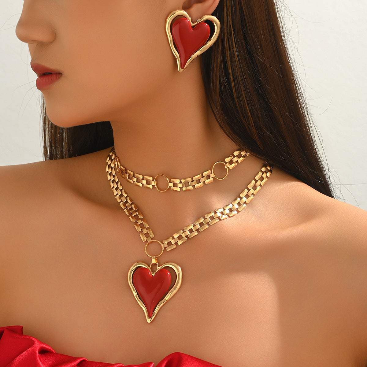 Heart Enamel Necklace & Earrings Set