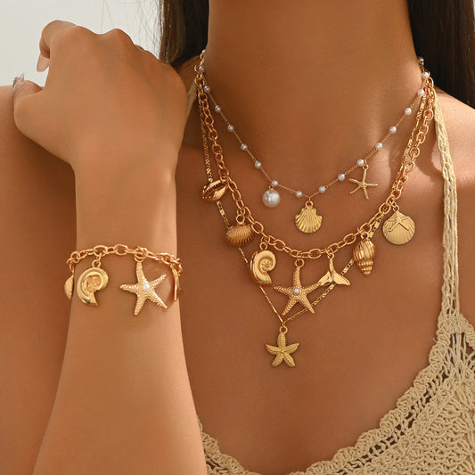 Shell Pearl Necklace & Bracelet Set