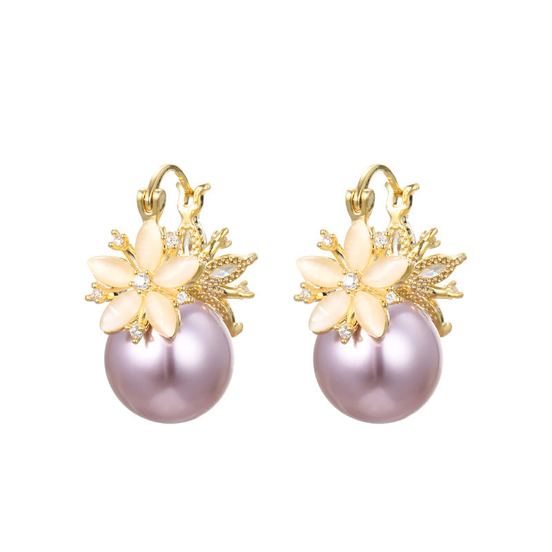 New opal flower pearl earrings, high-end sense slightly inlaid, personalized design temperament stud earrings, fashionable light luxury earrings.
