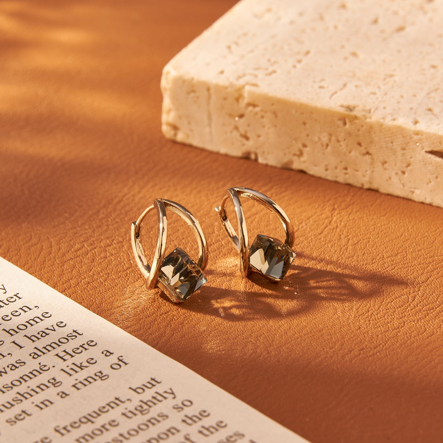 Brown crystal earrings girls niche geometric unique design k gold fashion temperament cube earrings earrings