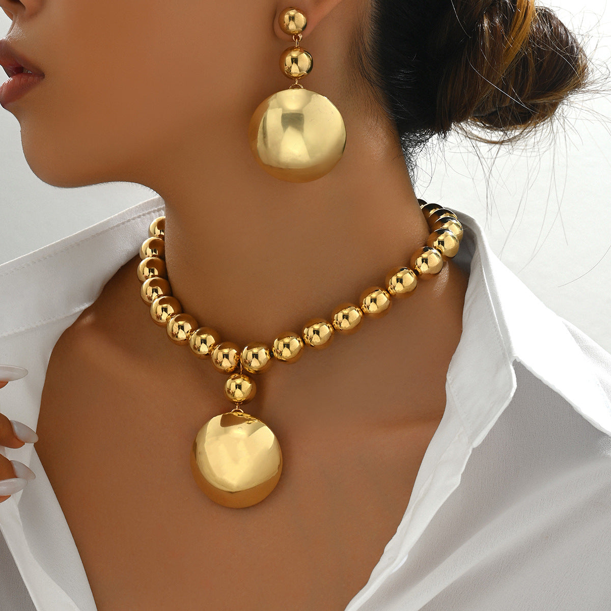 Metal Bead Necklace & Drop Earrings Set