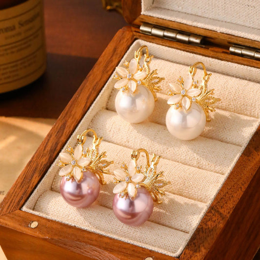 New opal flower pearl earrings, high-end sense slightly inlaid, personalized design temperament stud earrings, fashionable light luxury earrings.