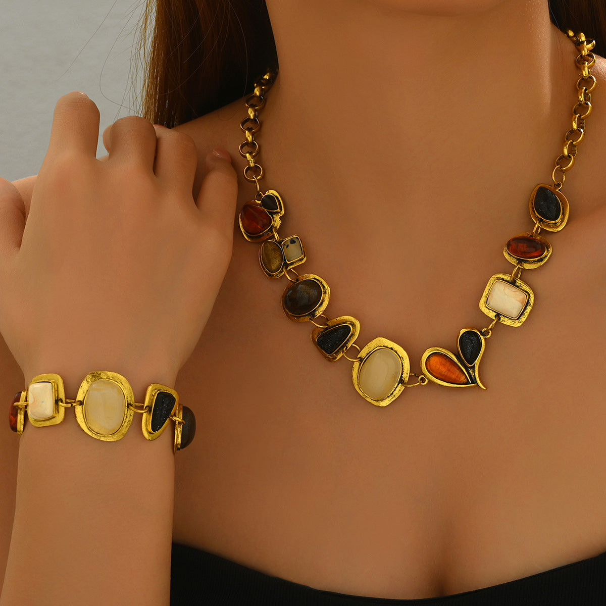 Gemstone Geometric Necklace & Bracelet Set