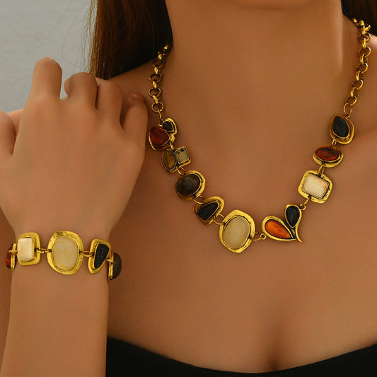 Gemstone Geometric Necklace & Bracelet Set