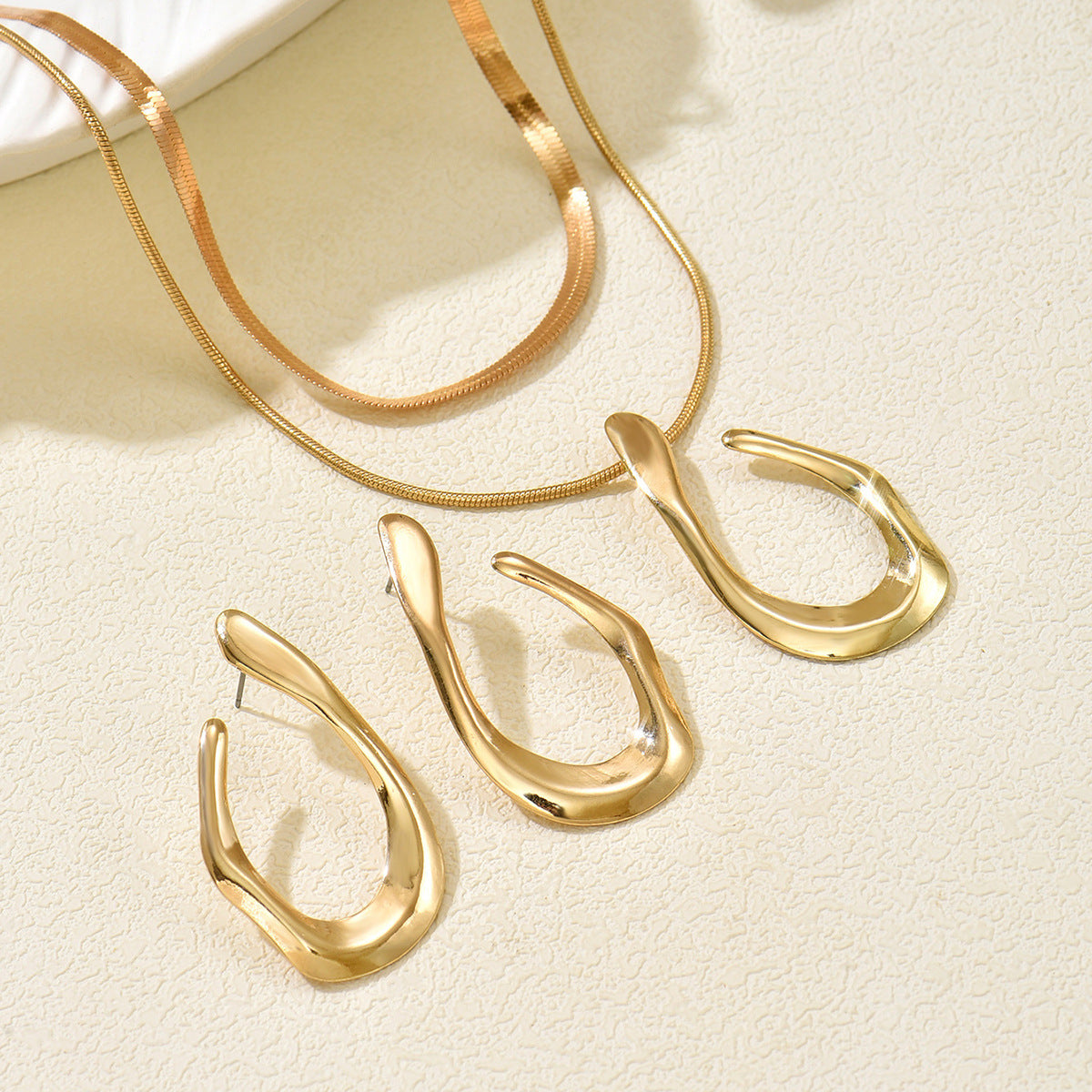U-Shaped Earrings & Double-Layer Necklace Set