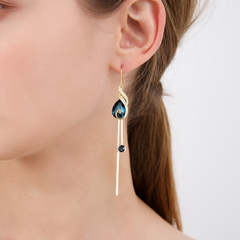 Long synthetic crystal earrings, peacock-inspired, stylish earrings for women, 925 silver ear hooks, tassel, sexy, trendy earrings