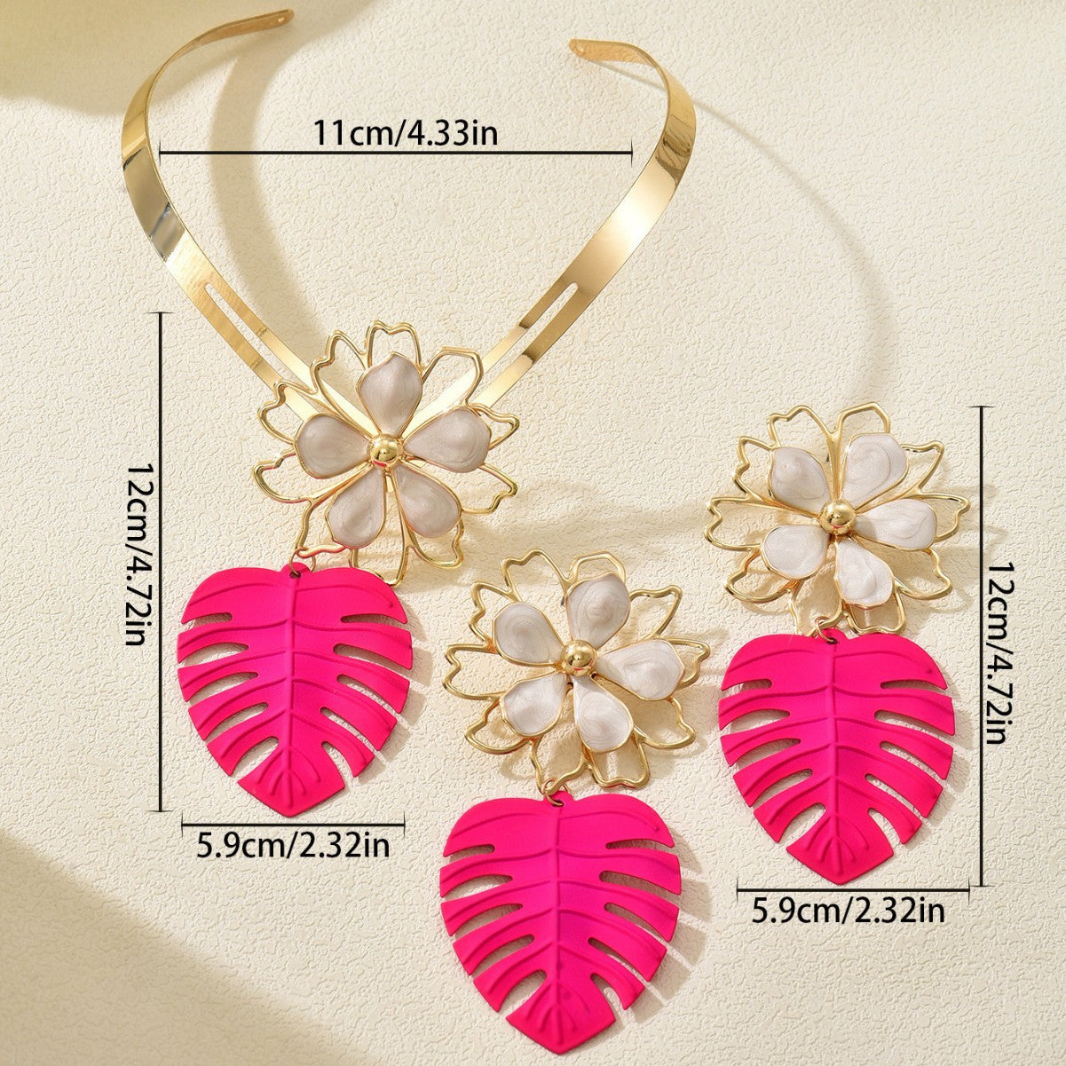 Metal Leaf Earrings & Floral Necklace Set