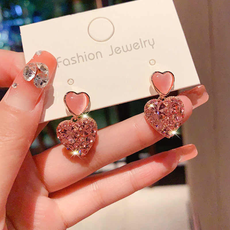 new Internet celebrity explosion pink diamond love stud earrings women's silver needle high-end fashion earrings tide