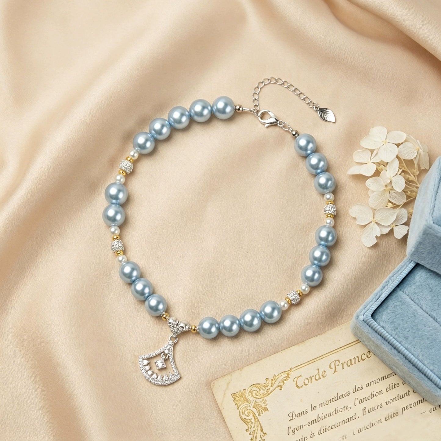 Handmade Lucky Blue Pearl Pet Choker with Heart Charm