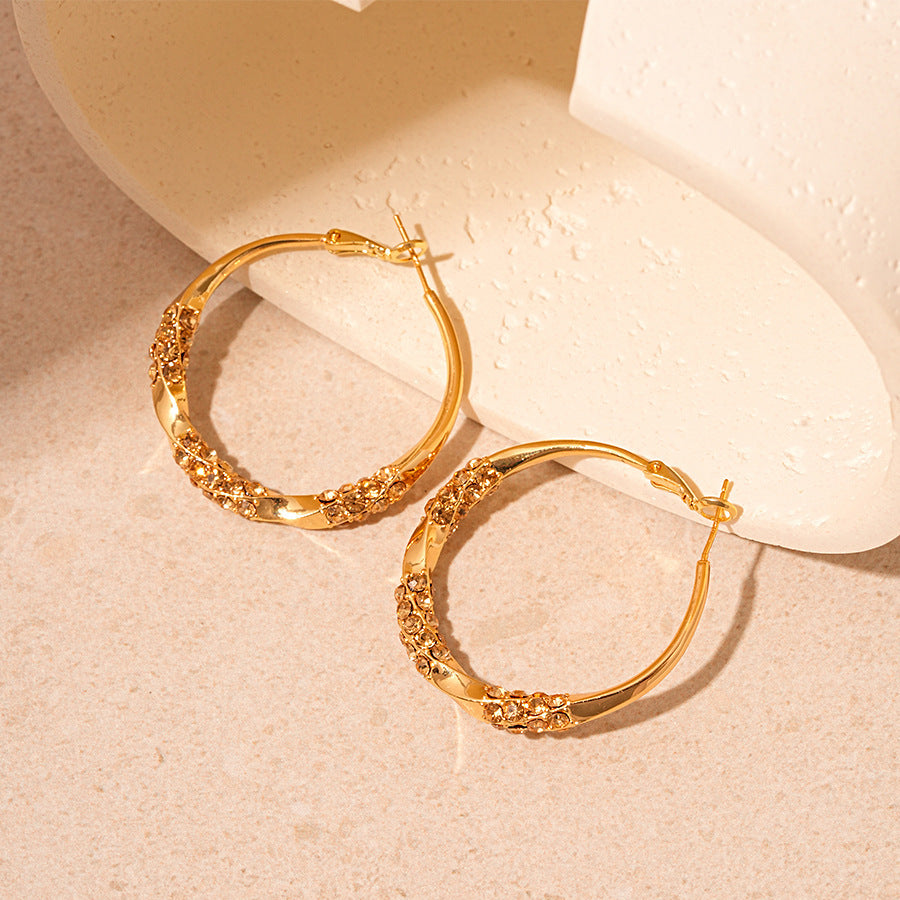 European and American metal feeling diamond-set geometric circle silver needle earrings fashionable and simple niche temperament high-end earrings women