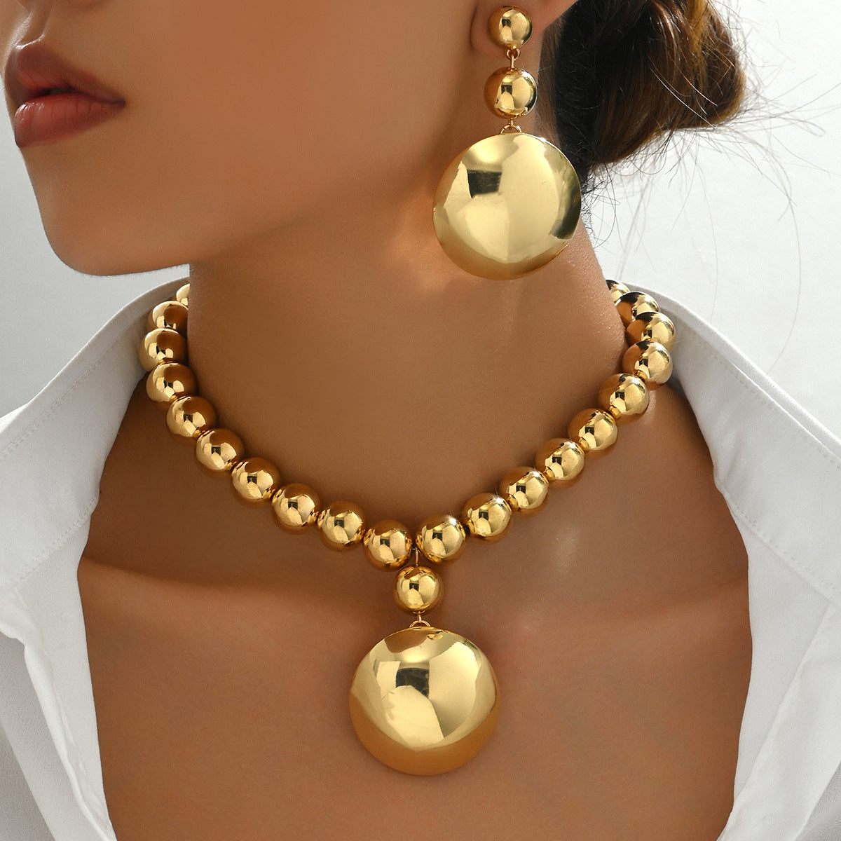 Metal Bead Necklace & Drop Earrings Set