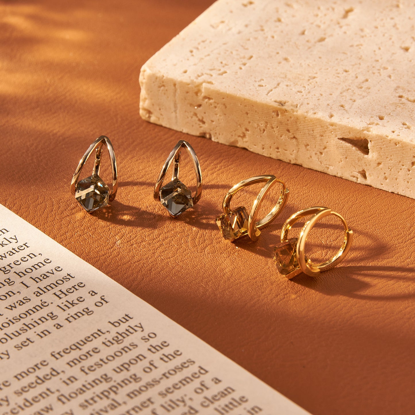 Brown crystal earrings girls niche geometric unique design k gold fashion temperament cube earrings earrings