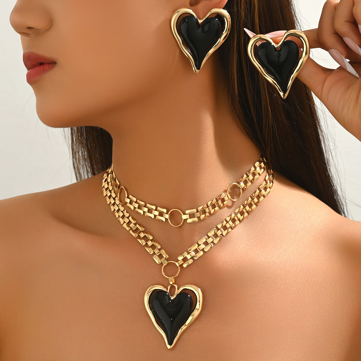 Heart Enamel Necklace & Earrings Set