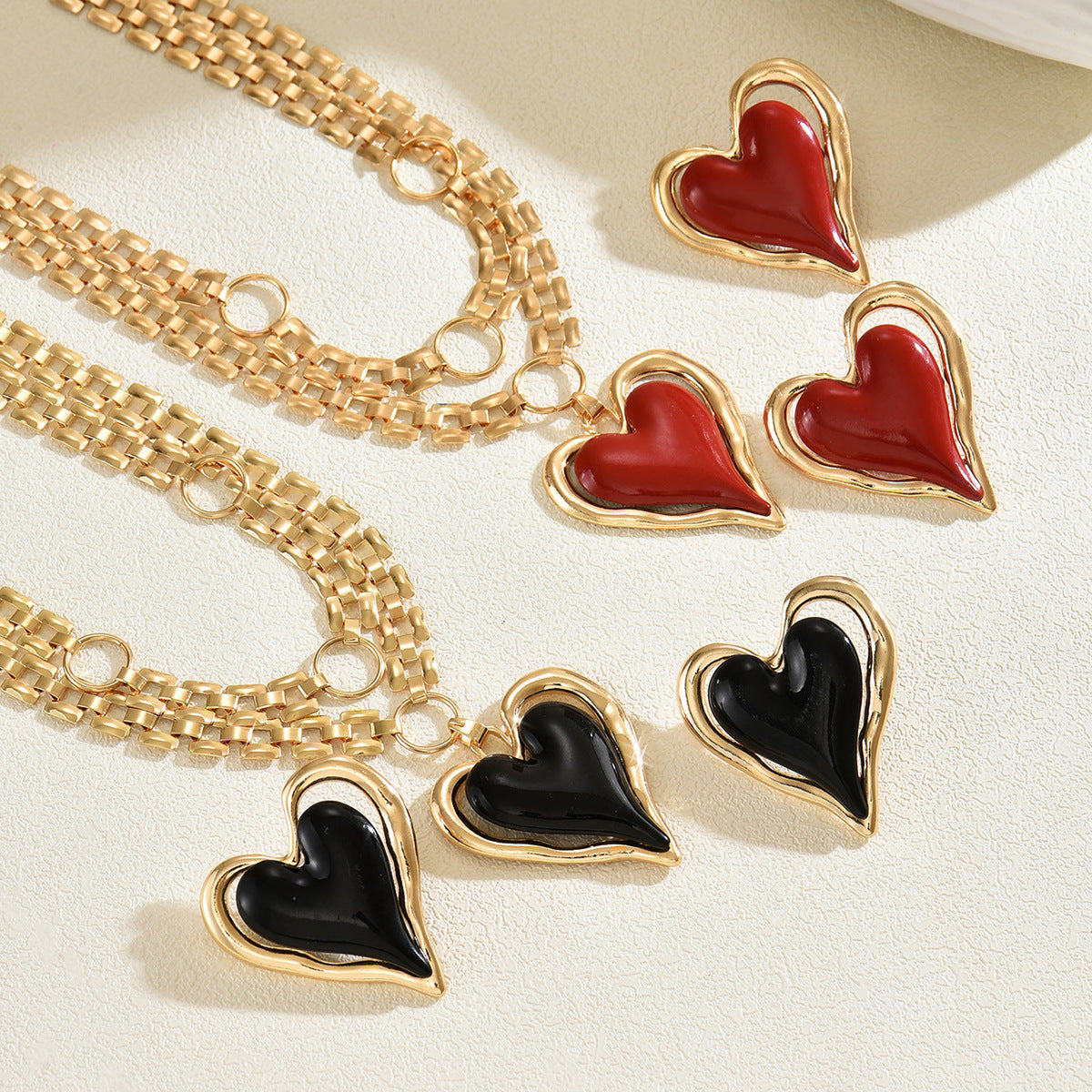 Heart Enamel Necklace & Earrings Set