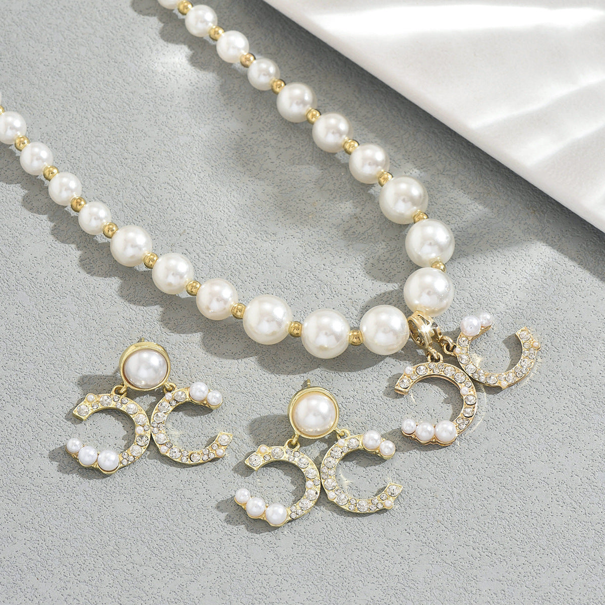 Geometric Crystal Necklace & Pearl Chain Earrings Set