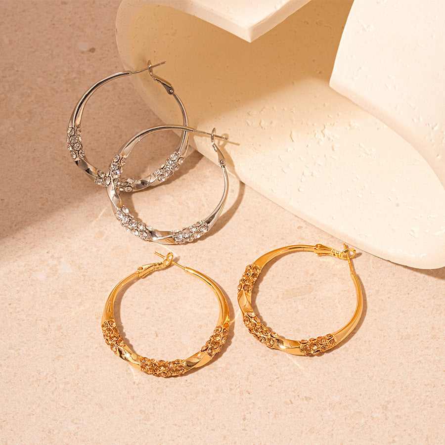 European and American metal feeling diamond-set geometric circle silver needle earrings fashionable and simple niche temperament high-end earrings women