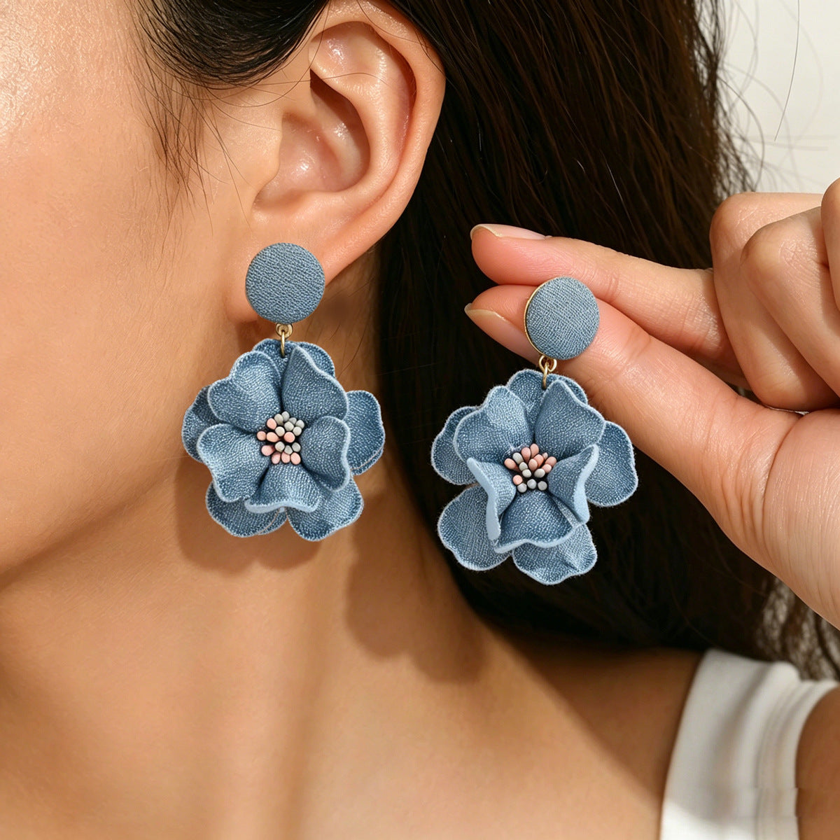 Fabric Flower Drop Earrings
