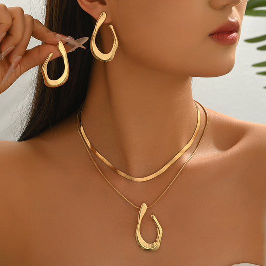 U-Shaped Earrings & Double-Layer Necklace Set