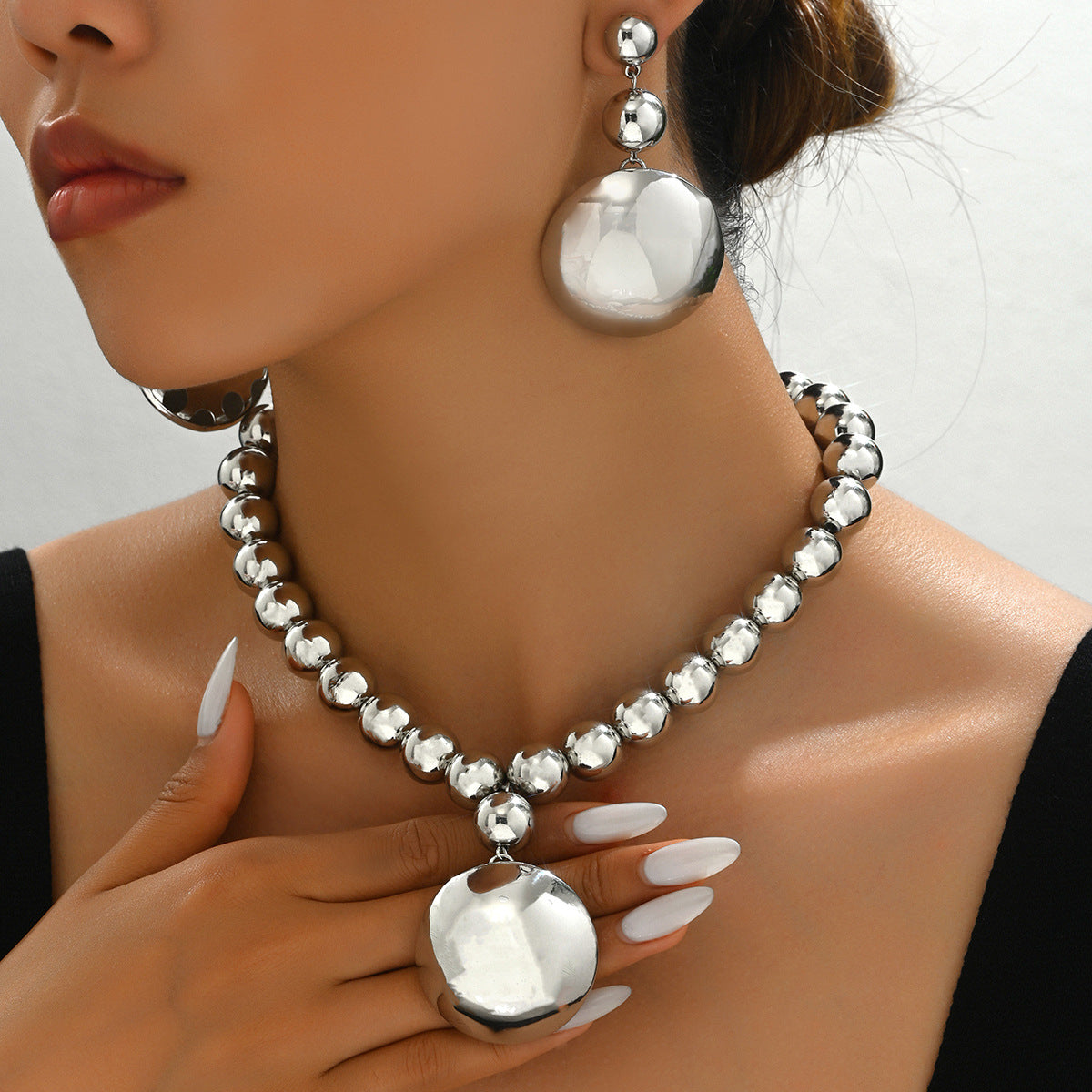 Metal Bead Necklace & Drop Earrings Set