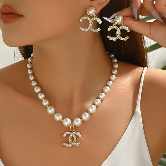 Geometric Crystal Necklace & Pearl Chain Earrings Set