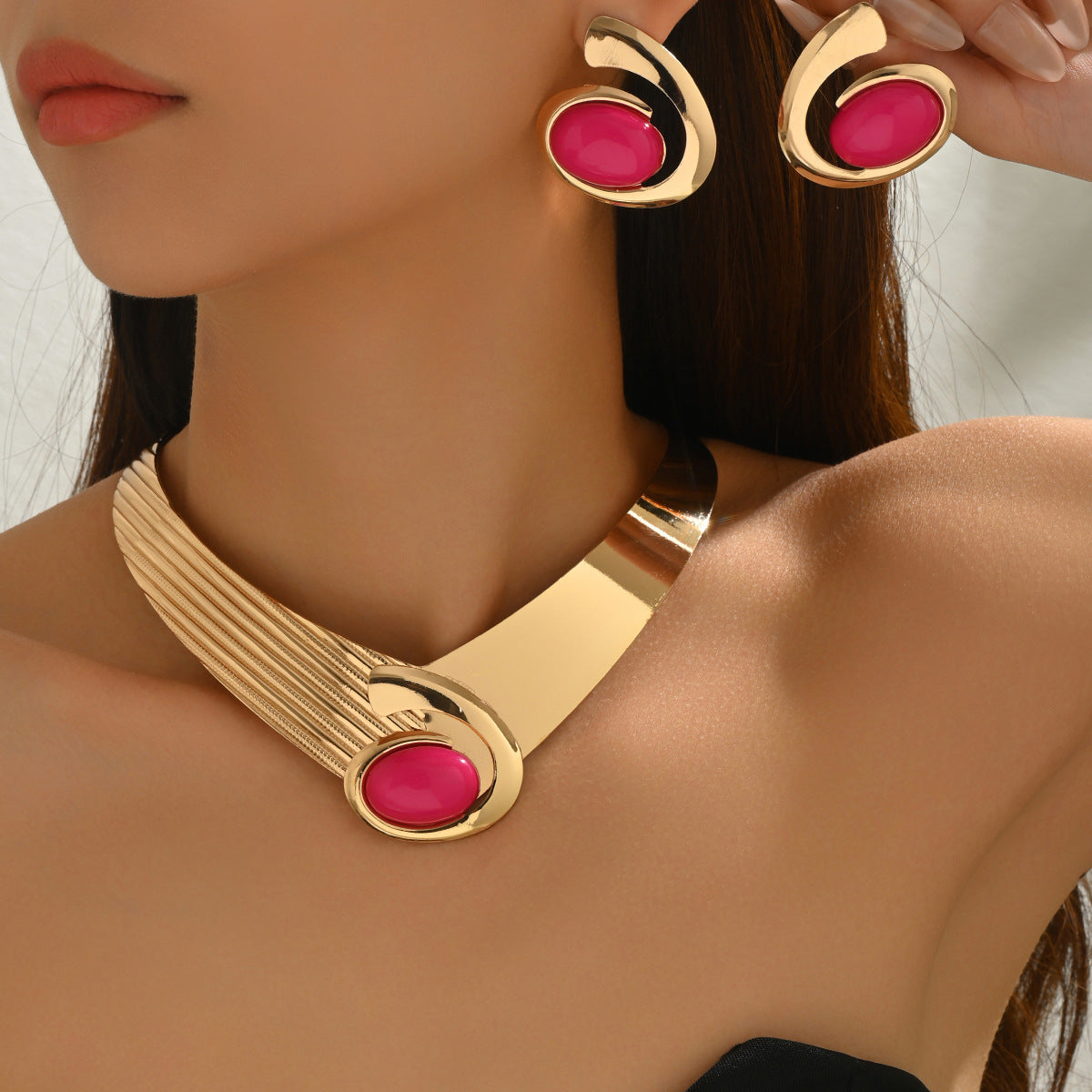 Geometric Gem Necklace & Earrings Set