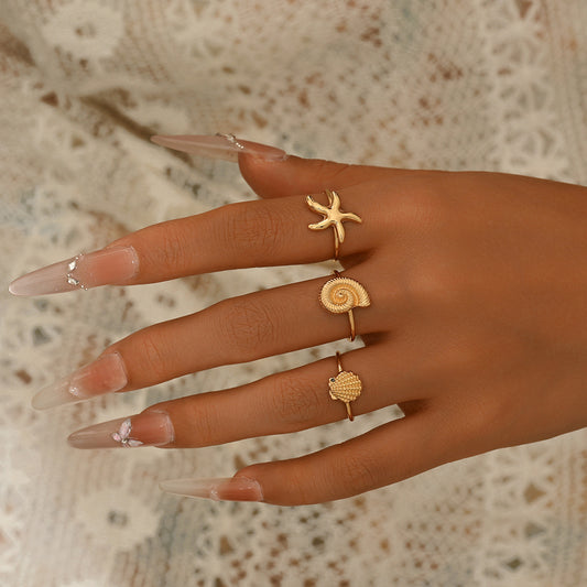 Starfish & Shell Open Ring Set