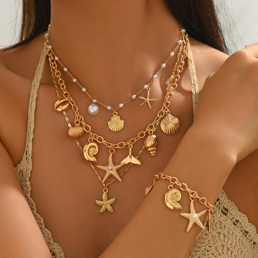 Shell Pearl Necklace & Bracelet Set